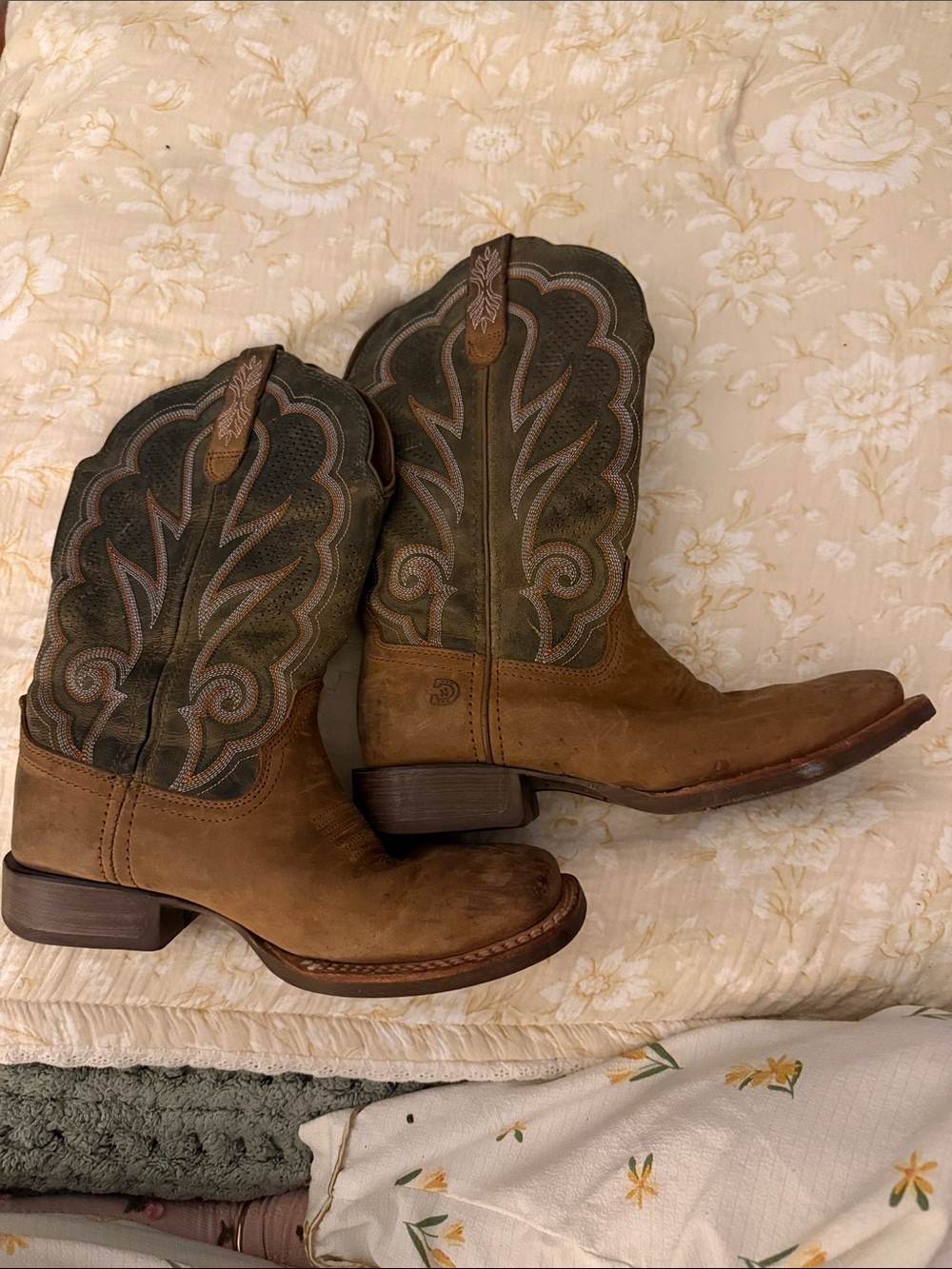 Brown Leather Cowboy Boots with Green Embroidered Shaft